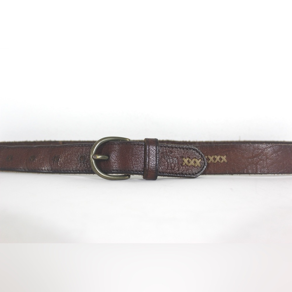 Cognac Brown Rustic Leather Belt with Antiqued Brass Buckle and Topstitching